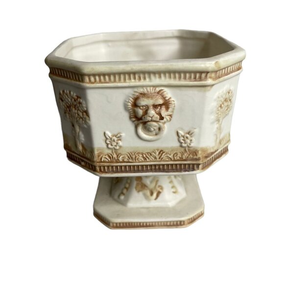 Vintage Norleans Ceramic Octagonal Planter Compote Lion Tree Relief Japan Footed - Picture 4 of 8